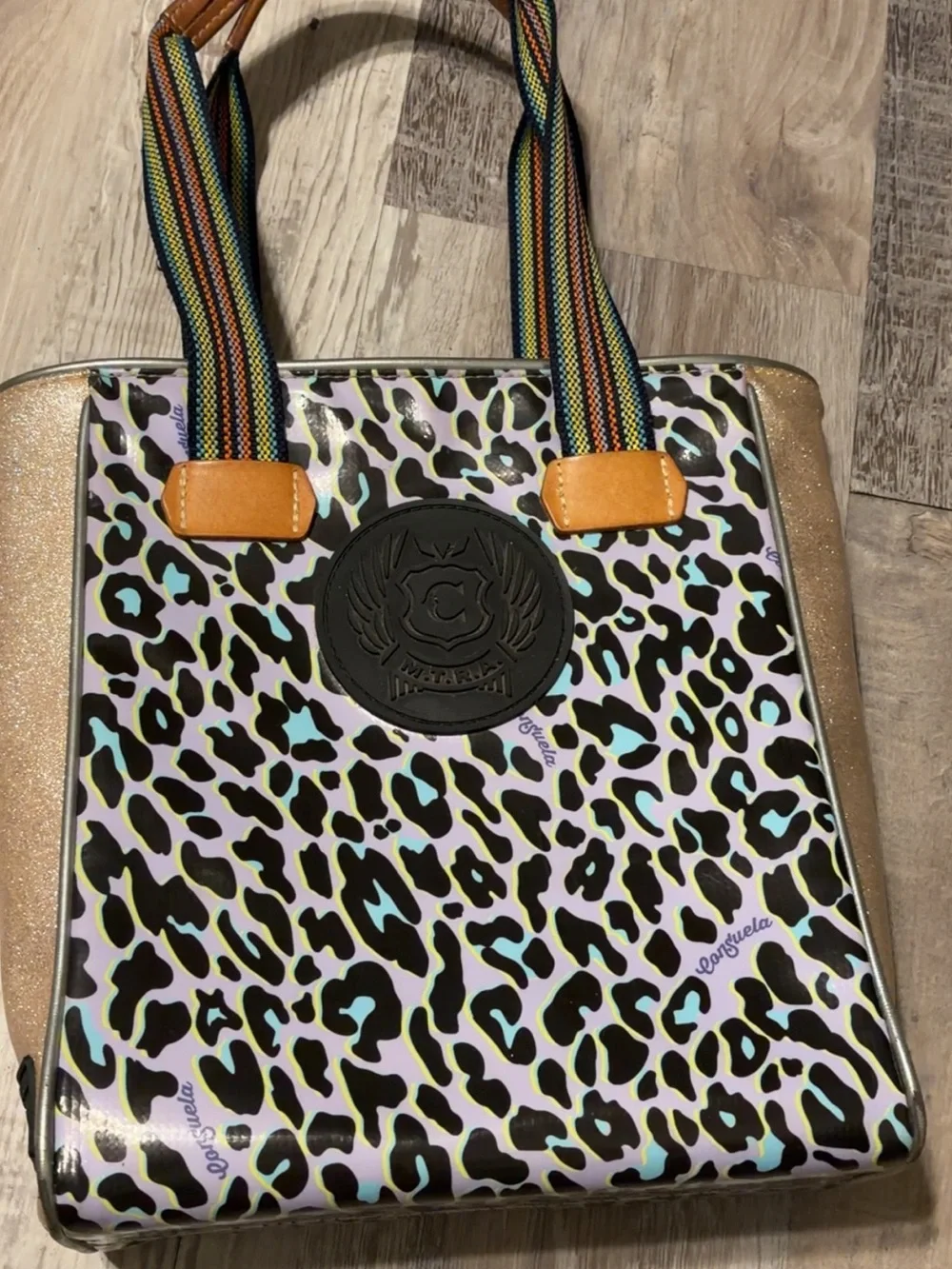 Consuela Leopard Print Tote with Rainbow Straps and Gold Interior